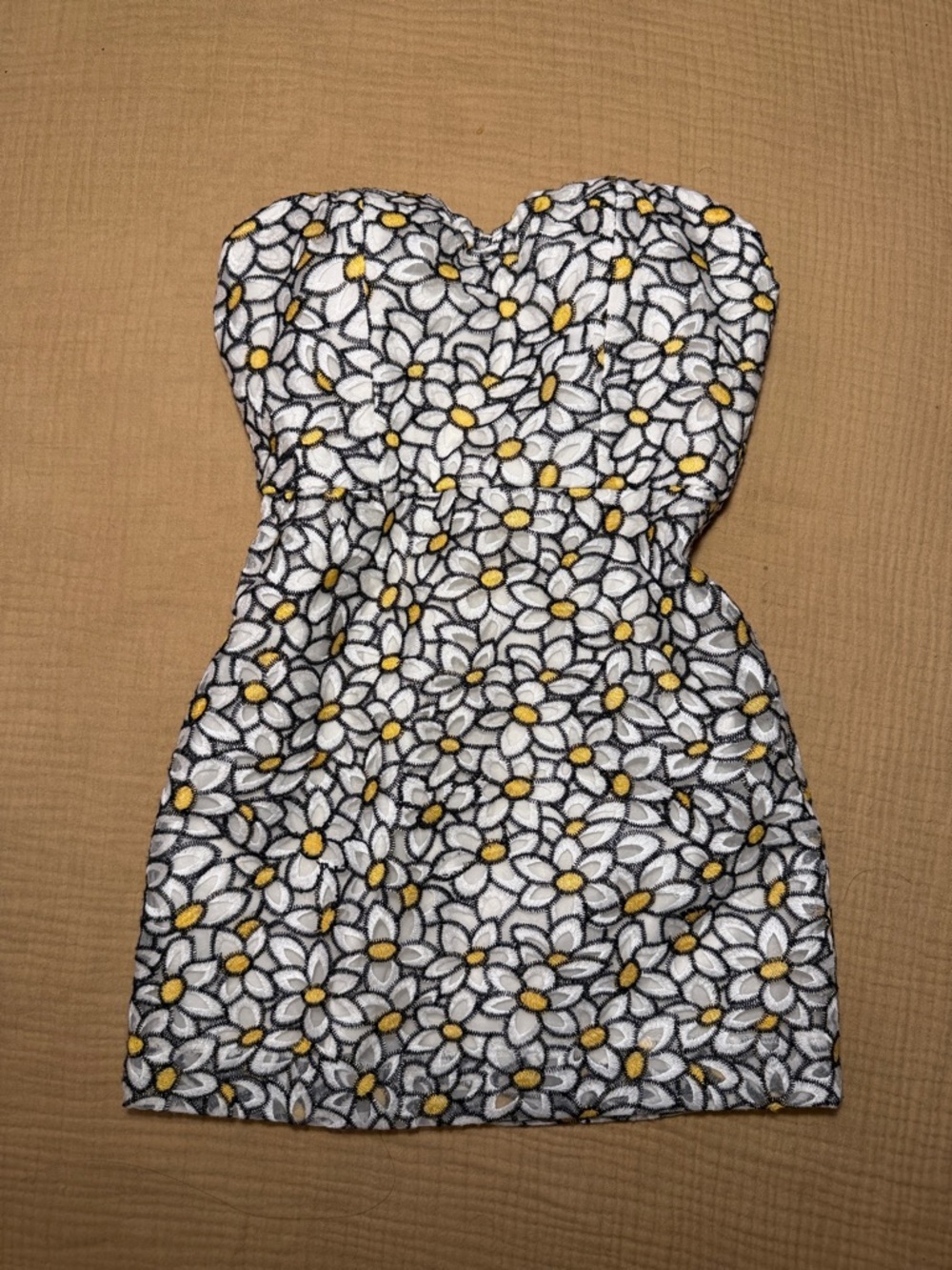 NBD Strapless Embroidered Daisy-Print Yellow Black and White Mini Dress